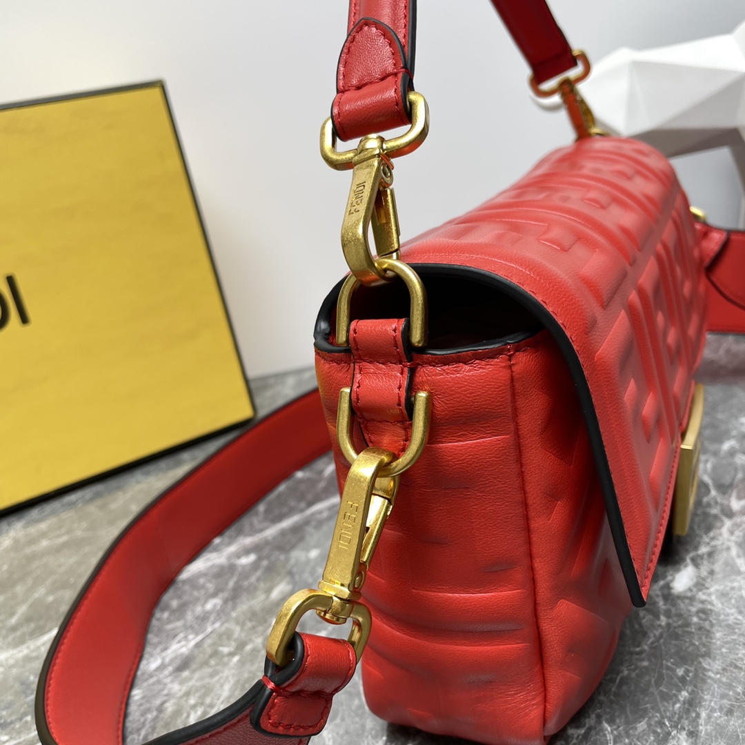 Fendi Medium Baguette Nappa Leather with FF Motif Shoulder Bag Red